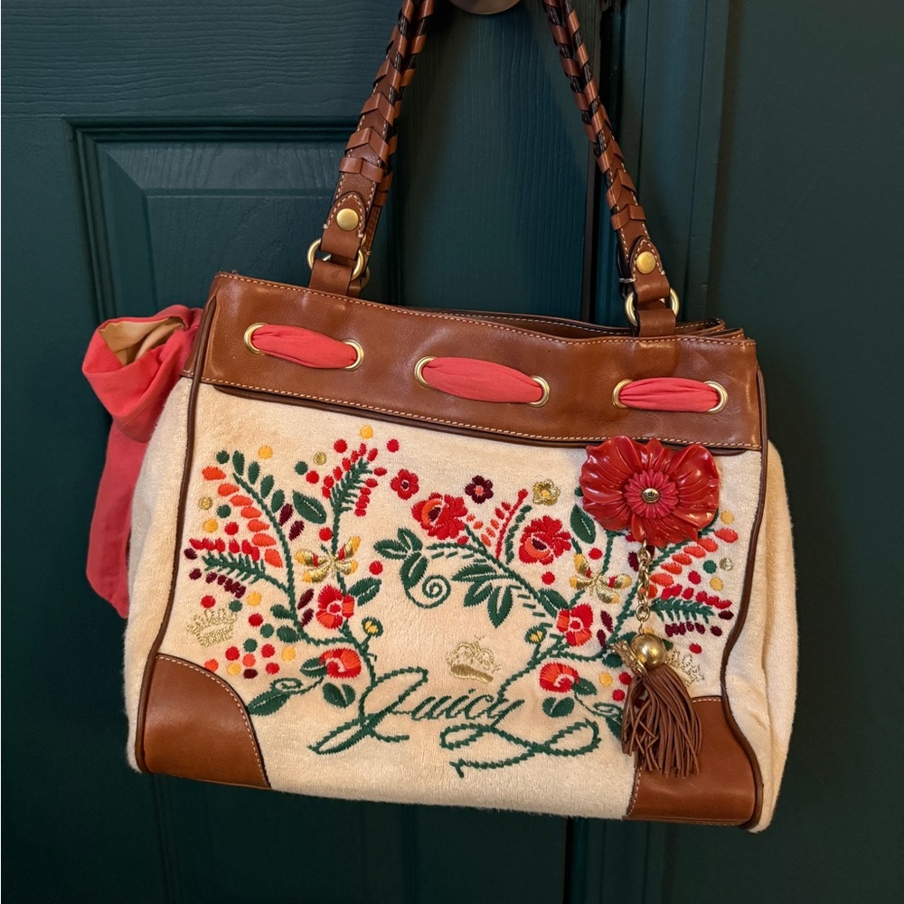 Juicy Couture Cream Floral Embroidered Shoulder Bag with Brown Trim
